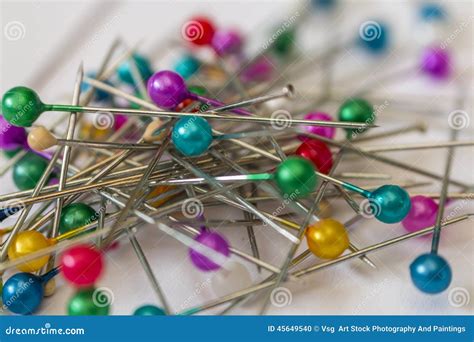 The Many Sewing Push Pins On The White Background Stock Photo Image
