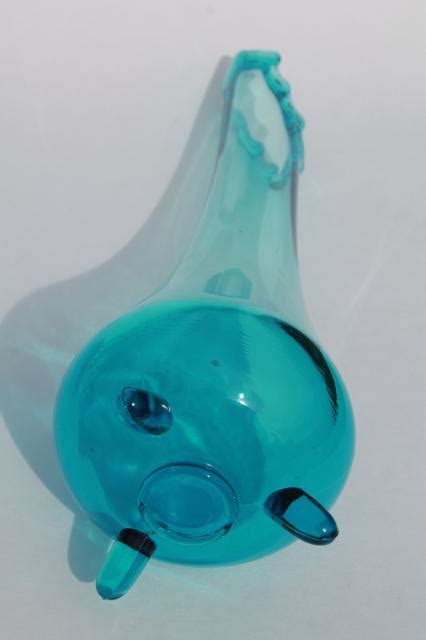 60s 70s Vintage Aqua Blue Art Glass Vase Mid Century Mod Tall Asymmetrical Vase
