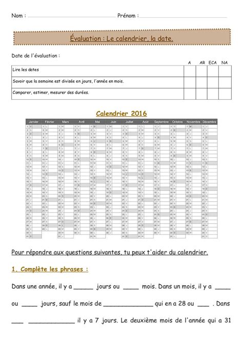 Evaluation Sur Le Calendrier Ce1 Ce2