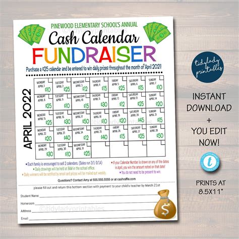 Cash Calendar Fundraiser Flyer Printable Handout Take Home Etsy