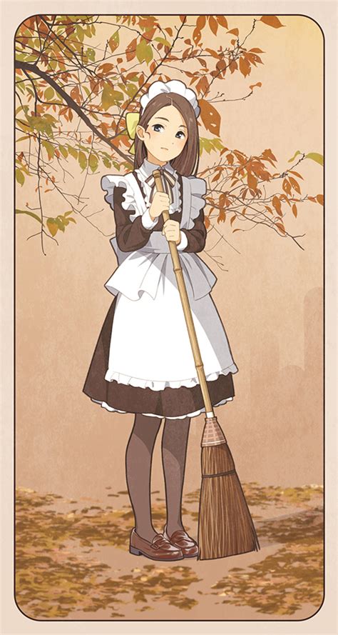 Safebooru 1girl Apron Autumn Autumn Leaves Bow Broom Brown Hair Commentary Hair Bow Holding