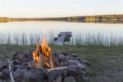 Campfire On A Lake Side Camping Stock Photo Image Of Flame Evening