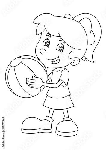 Cartoon Girl Holding Ball And Smiling Coloring Page Illustration