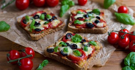 Pizza Toasts With Tomatoes Olives And Mozzarella Recipe Eat Smarter Usa
