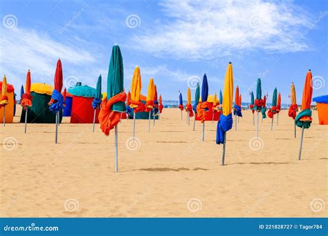 Colourful Parasols Landmark Of Deauville Beach Resort In Normandy