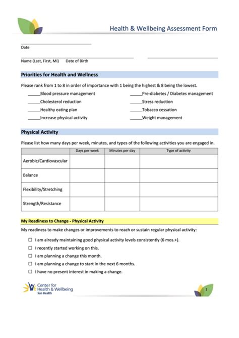 Fillable Health And Wellbeing Assessment Form Printable Pdf Download