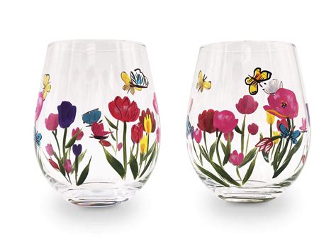 Hand Painted Tulip Stemless Wine Glass Set Of 2 Spring Wine Glasses Mother S Day Wine
