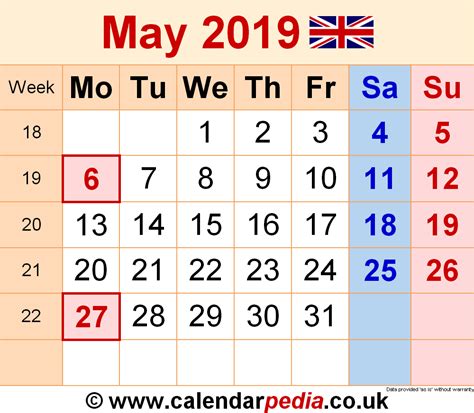 Calendar May 2019 Uk With Excel Word And Pdf Templates