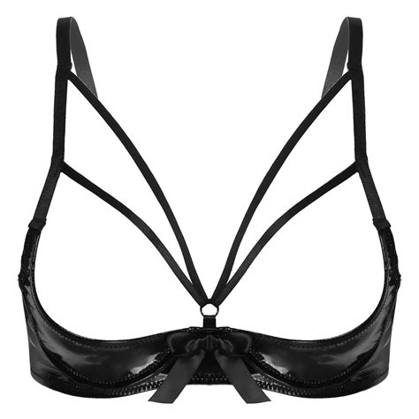 Womens Erotic Sexy Lingerie Patent Leather Cupless Bra Tops Wetlook Open Cups Bowknot Underwired