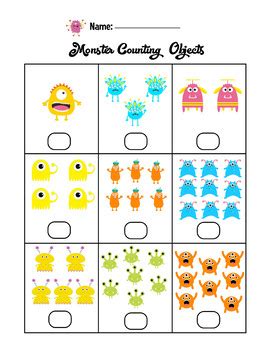 Recognise small collections in a group, which one has more and which one has less, such as 1 is less than five because there is less pictures on the card then there is one five. Monster Counting Objects 1-10 Worksheets Math Counting ...
