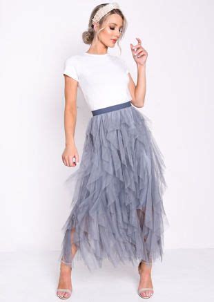 High Waisted Layered Tulle Ruffle Midi Skirt Dark Grey Tulle Skirts