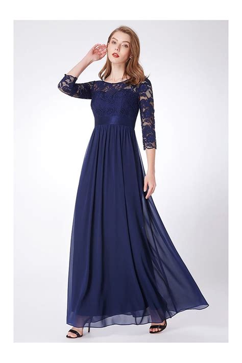 Shop Empire Waist Navy Blue Lace Chiffon Formal Dress Long Sleeves
