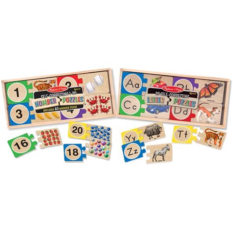 Melissa And Doug Self Correcting Letter And Number Wooden Puzzles Set With Storage Box Pegged