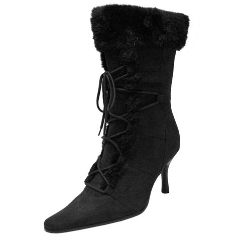 Lace Up Faux Fur Trim Retro Style Womens Boots Boots Black High Heels Shoes Lace Up High Heels