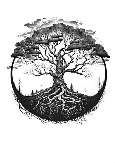 A Black And White Drawing Of A Tree With Its Roots In The Shape Of A Circle