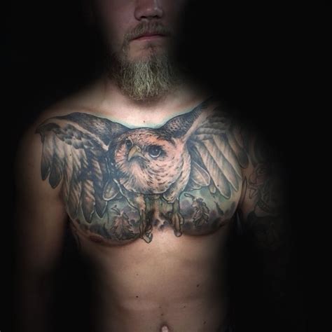 Giant Flying Owl Realistic Wildlife Chest Traditionally Colored Tattoo