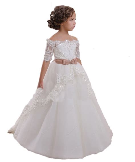 white ivory flower girl dresses off shoulder lace appliqued with sash girl pageant party dresses