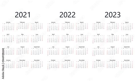 2021 2022 2023 Calendar Week Monday Vector Illustrati