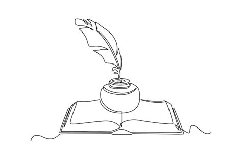 Premium Vector Single One Line Drawing Quill With Ink On Book
