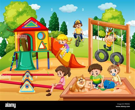 Niños Jugando En El Parque Infantil Ilustración Imagen Vector De Stock