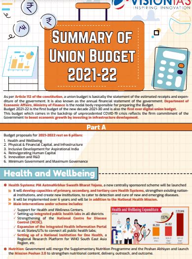 Vision Ias Summary Of Union Budget 2021 2022 Pdf Download