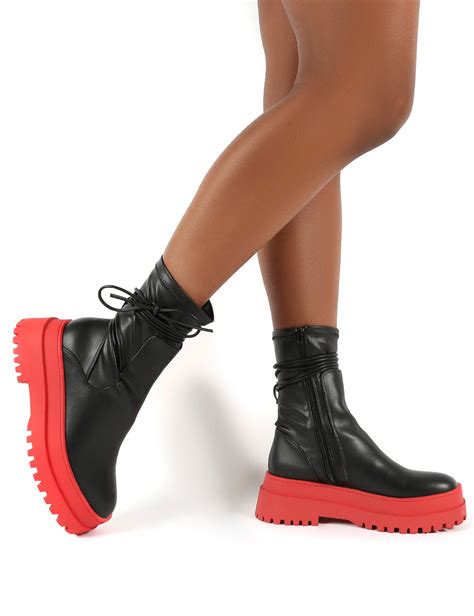 Finale Black Pu Red Chunky Sole Ankle Wrap Boots Public Desire