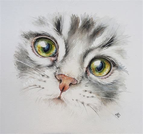 A Watercolor Painting Of A Cats Face With Green Eyes And Whiskers