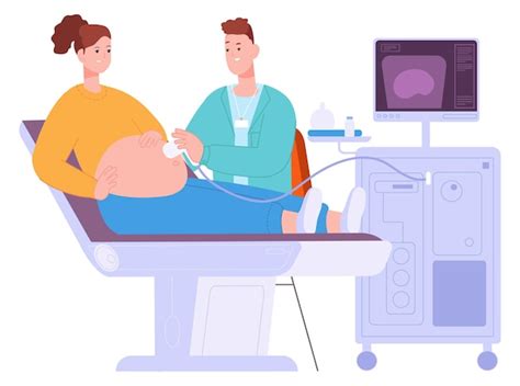 Mulher grávida no exame de ultra som médico digitalizar barriga Vetor Premium