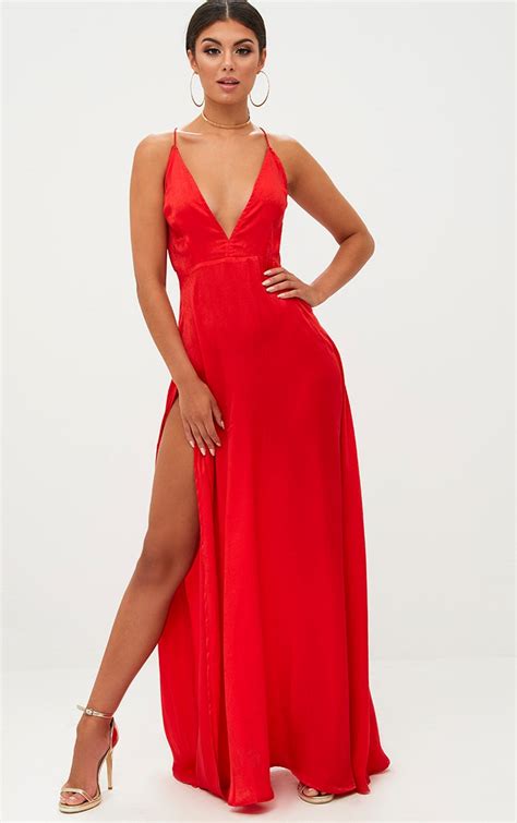 Red Extreme Split Strappy Back Maxi Dress Dresses Prettylittlething