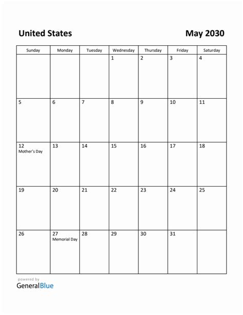 Free Printable May 2030 Calendar For United States