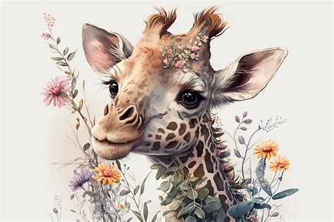 Floral Cute Baby Giraffe Watercolor 1 Graphic by 1xMerch · Creative Fabrica