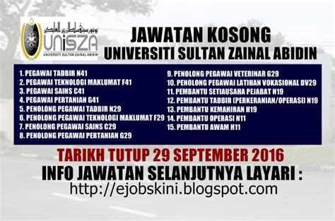 Tarikh tutup permohonan:10 jun 2020 lokasi :terangganu sektor :kerajaan kelulusan minimum :phd, master. Jawatan Kosong Universiti Sultan Zainal Abidin (UNISZA ...