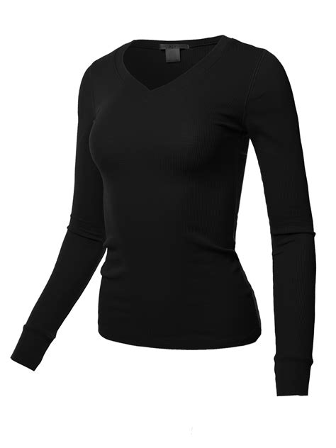 A2y Women S Basic Solid Fitted Long Sleeve V Neck Thermal Top Shirt Black 1xl