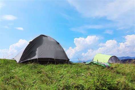 Small Camping Tents In Mountains Stock Photo Image Of Backpacking