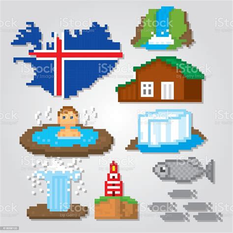 Iceland Icons Set Pixel Art Old School Computer Graphic Style Stock