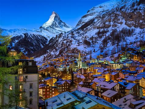 Lighted Matterhorn Village In Swiss Alps On Winter Night Hd Wallpaper