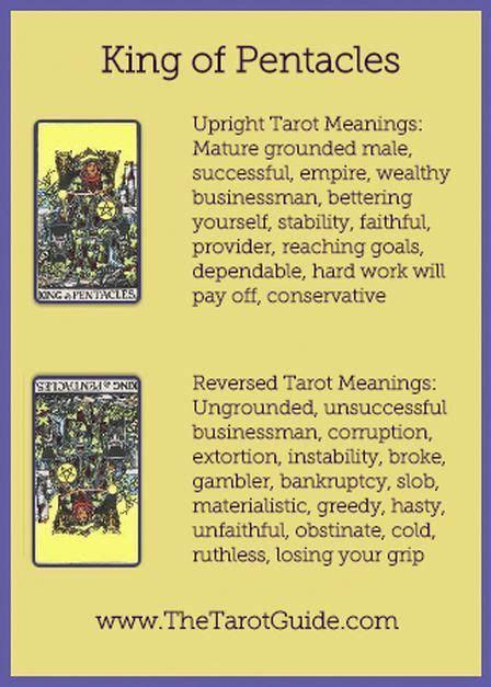 Queen of cups signifies someone compassionate who cares deeply about the welfare of others. King of Pentacles Tarot Flashcard showing the best keyword meanings for the upright & reversed ...