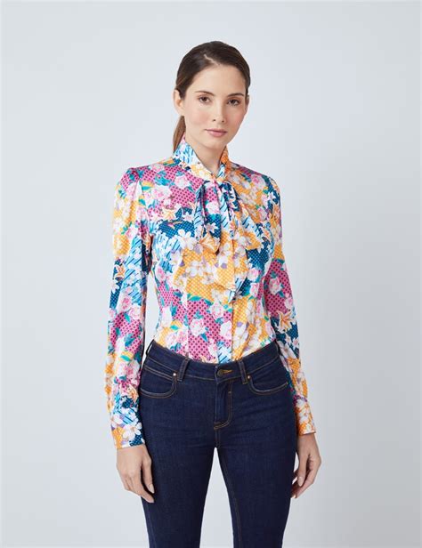 Satin Floral Print Womens Fitted Blouse With Single Cuff And Pussy Bow
