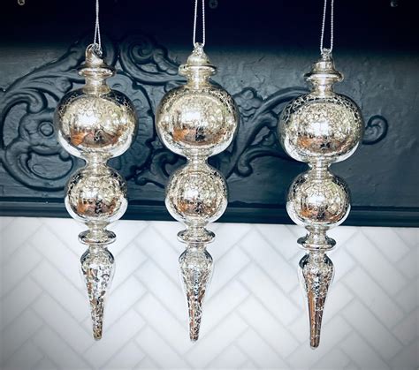 Silver Mercury Glass Finial Ornaments Set Of Three Christmas Ebay