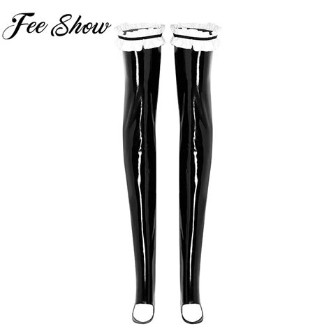Feeshow Women Latex Stockings Sexy Female Black Lingerie Patent Leather