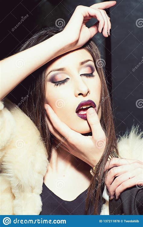 Woman With Male Finger On Red Lips Lipstick Woman With Glamour Makeup Beauty Girl With Sensual