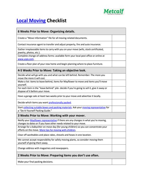 Local Moving Checklist Fill Online Printable Fillable Blank