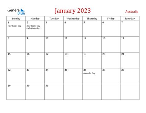 Australia January 2023 Calendar With Holidays