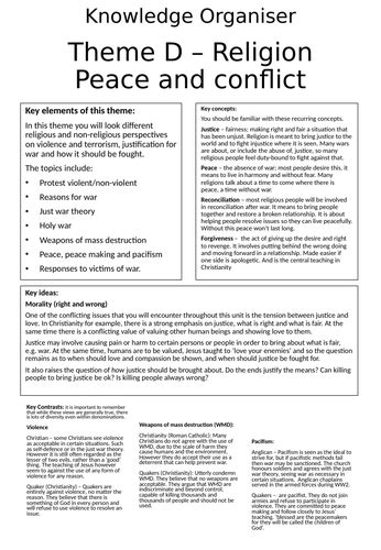 Aqa Gcse Re Rs Theme D Religion Peace And Conflict Knowledge Organiser Teaching Resources
