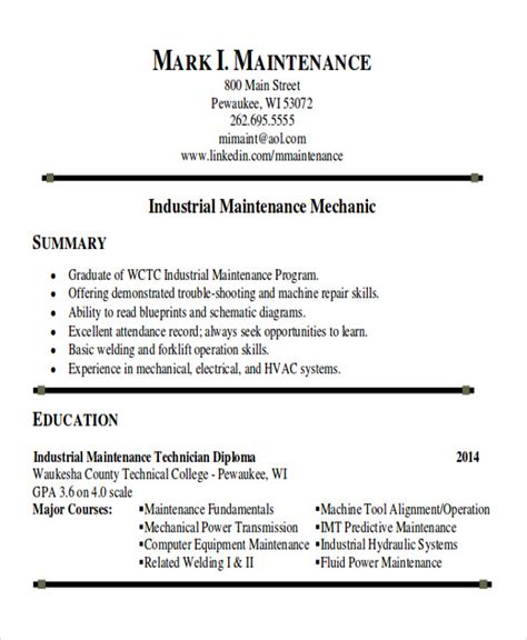 Industrial Maintenance Mechanic Resume