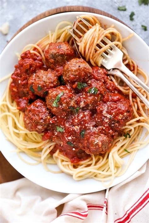 Plate Filled With Spaghetti And Italian Meatballs With A Fork On The