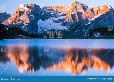 Spectacular Sunrise Over Misurina Lake In Italydolomites Mountains