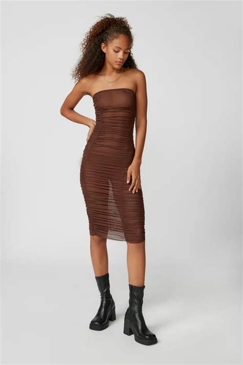 Uo Mia Sheer Mesh Ruched Midi Dress Urban Outfitters