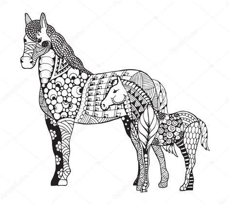 Ausmalbilder von pferden kannst du kostenlos auf einem blatt ausdrucken. Merrie met weinig veulen zentangle gestileerd. FreeHand ...