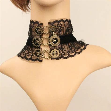 Retro Fashion Vintage Black Wide Lace Choker Necklaces Anchor Necklace